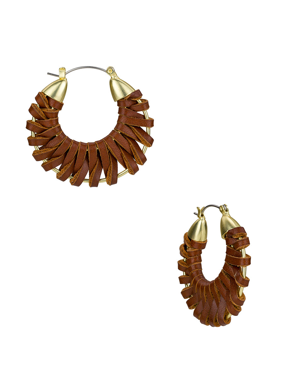 Female - Woven Hoop Earrings | Wrapped Leather Collection | Worn Gold - worn gold - by Patricia Nash - View 1 of 2