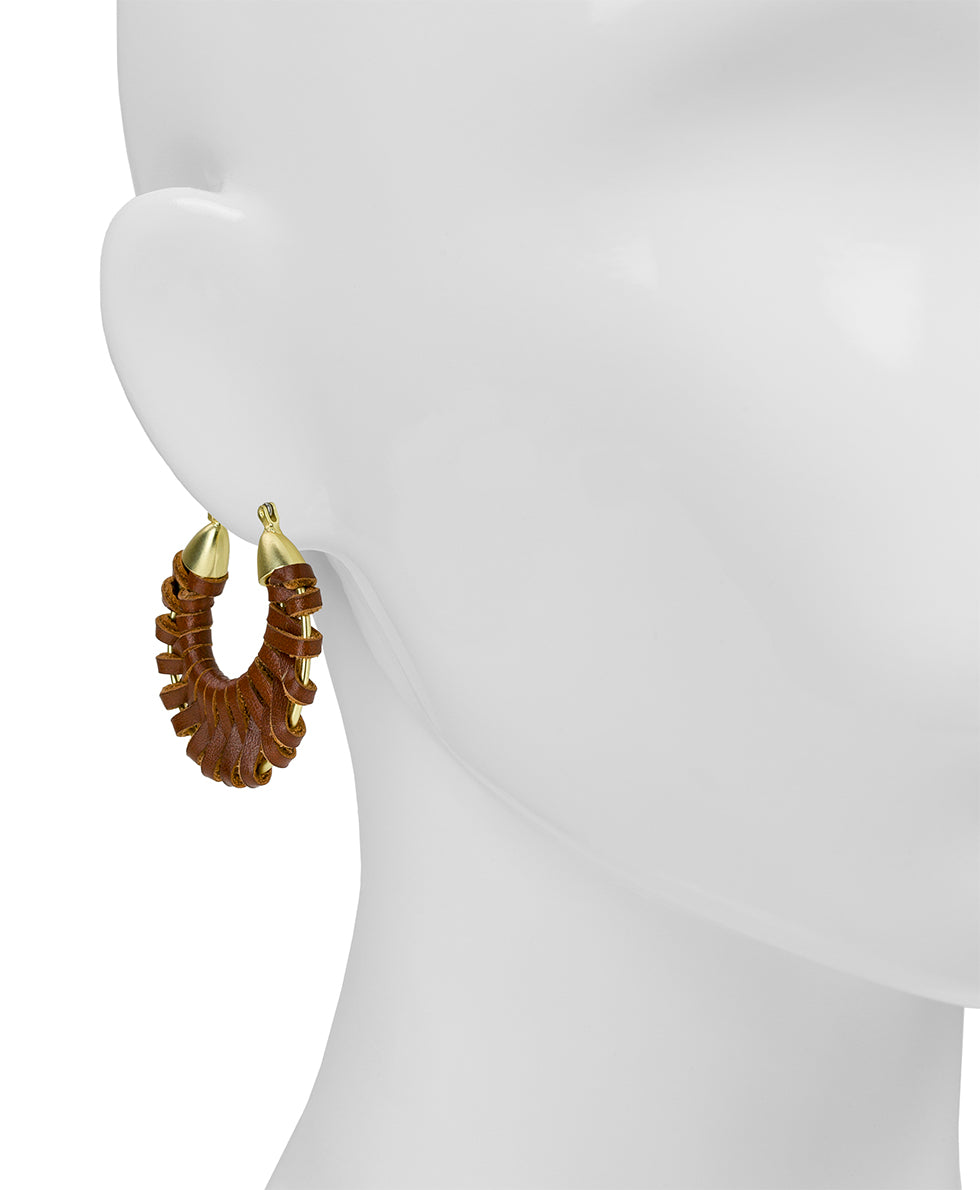 Female - Woven Hoop Earrings | Wrapped Leather Collection | Worn Gold - worn gold - by Patricia Nash - View 2 of 2