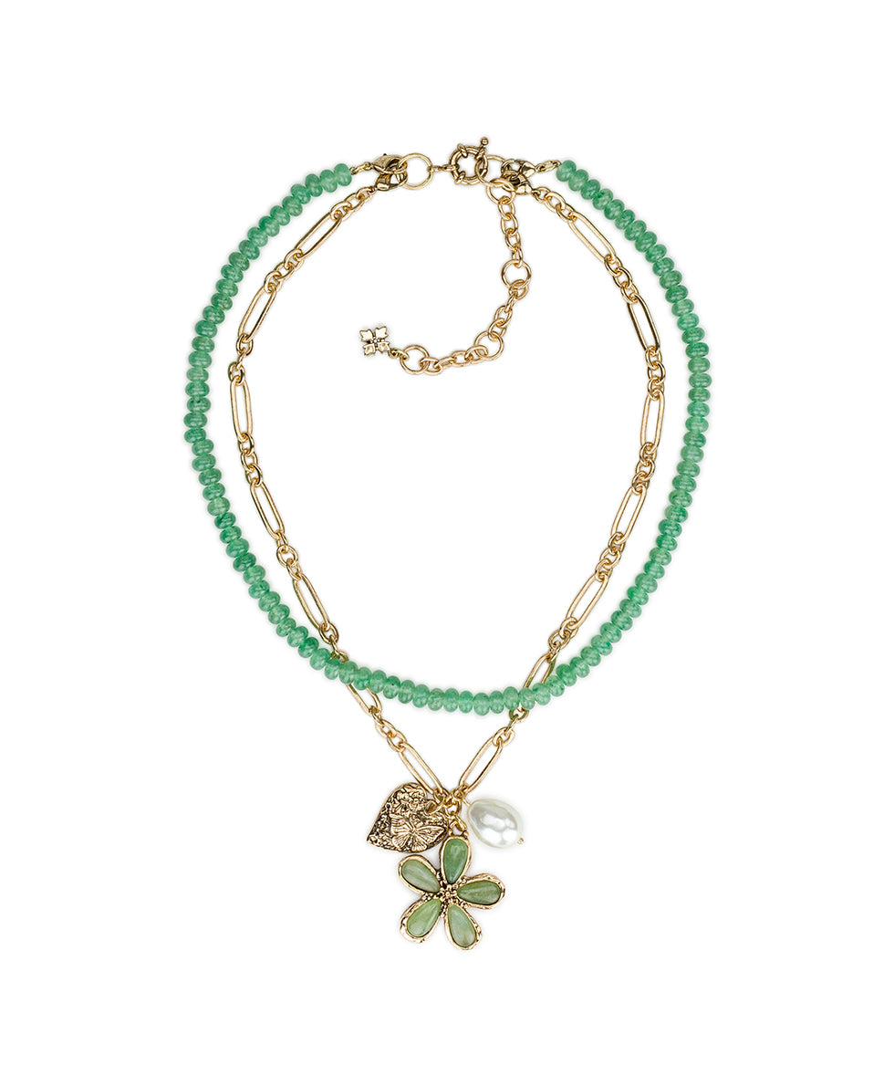 Female - Multi Strand Flower Charm Necklace | Stone Inlay Collection | Antique Gold - antique gold - by Patricia Nash - View 1 of 4