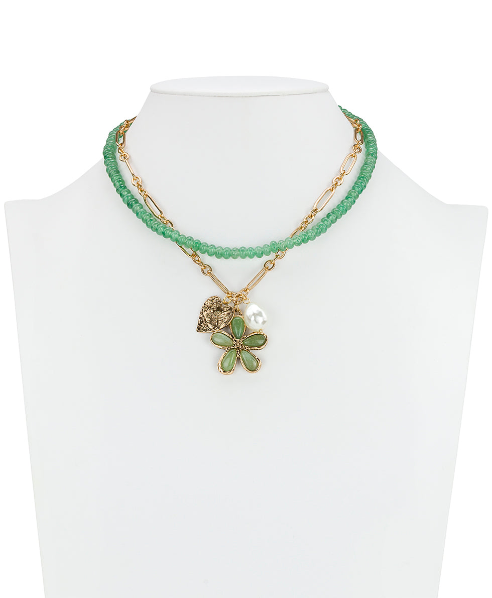 Female - Multi Strand Flower Charm Necklace | Stone Inlay Collection | Antique Gold - antique gold - by Patricia Nash - View 4 of 4