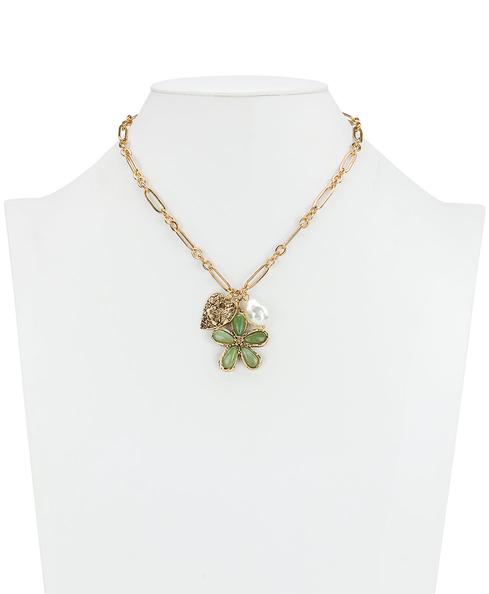 Female - Multi Strand Flower Charm Necklace | Stone Inlay Collection | Antique Gold - antique gold - by Patricia Nash - View 3 of 4