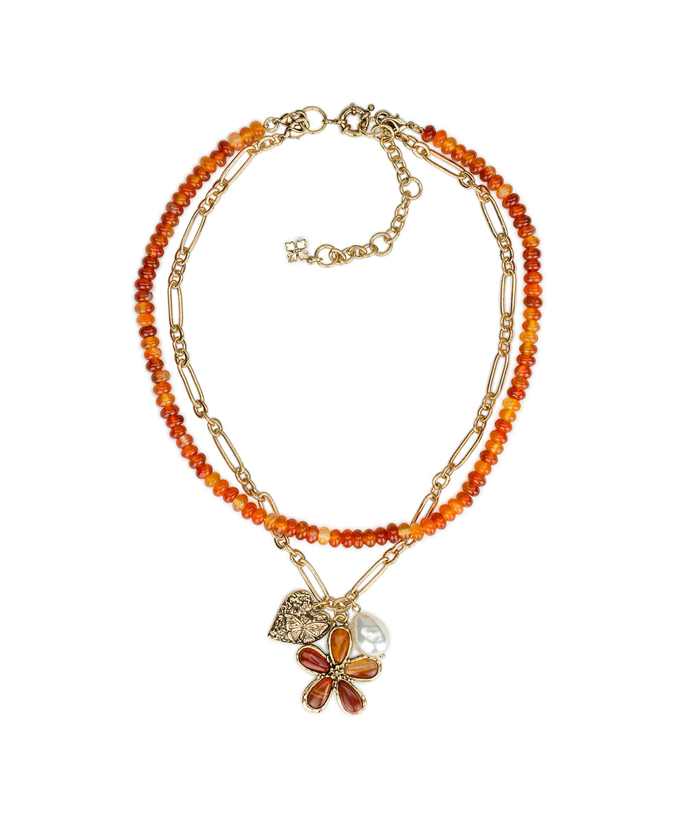 Female - Multi Strand Flower Charm Necklace | Stone Inlay Collection | Antique Gold - antique gold - by Patricia Nash - View 1 of 4