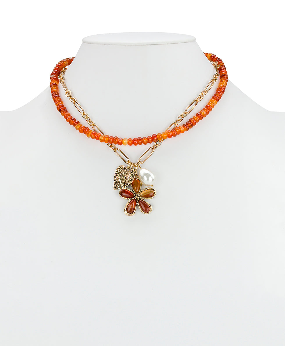 Female - Multi Strand Flower Charm Necklace | Stone Inlay Collection | Antique Gold - antique gold - by Patricia Nash - View 2 of 4