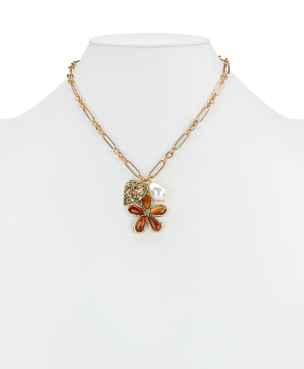 Female - Multi Strand Flower Charm Necklace | Stone Inlay Collection | Antique Gold - antique gold - by Patricia Nash - View 3 of 4