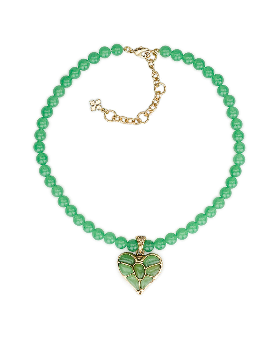 Female - Green Aventurine Beaded Heart Pendant | Stone Inlay Collection | Antique Gold - antique gold - by Patricia Nash - View 1 of 2