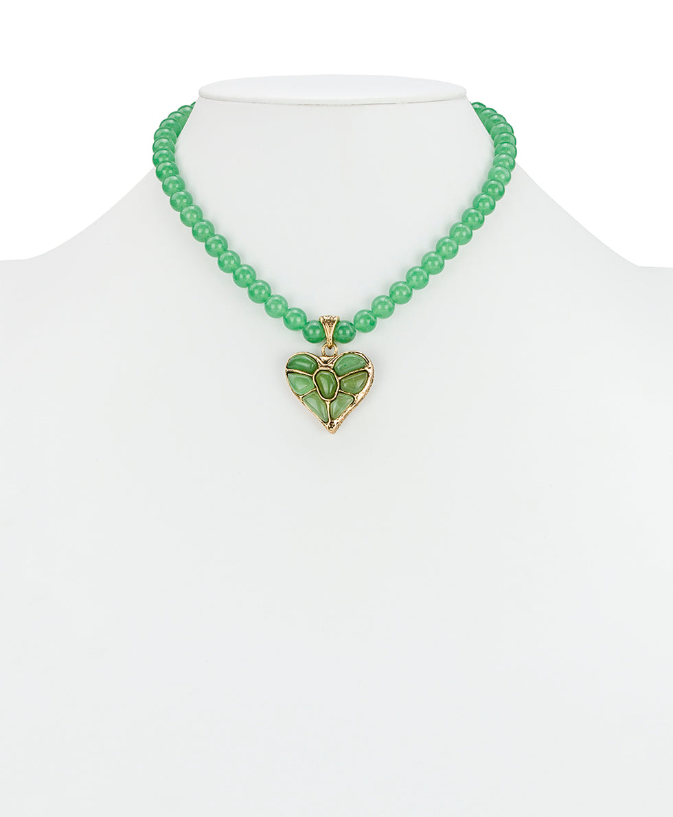 Female - Green Aventurine Beaded Heart Pendant | Stone Inlay Collection | Antique Gold - antique gold - by Patricia Nash - View 2 of 2