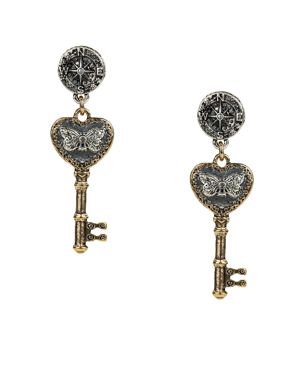 Female - Key Post Drop Earrings | Compass and Key Collection | Antique Gold / Antique Silver - antique gold / antique silver - by Patricia Nash - View 1 of 2