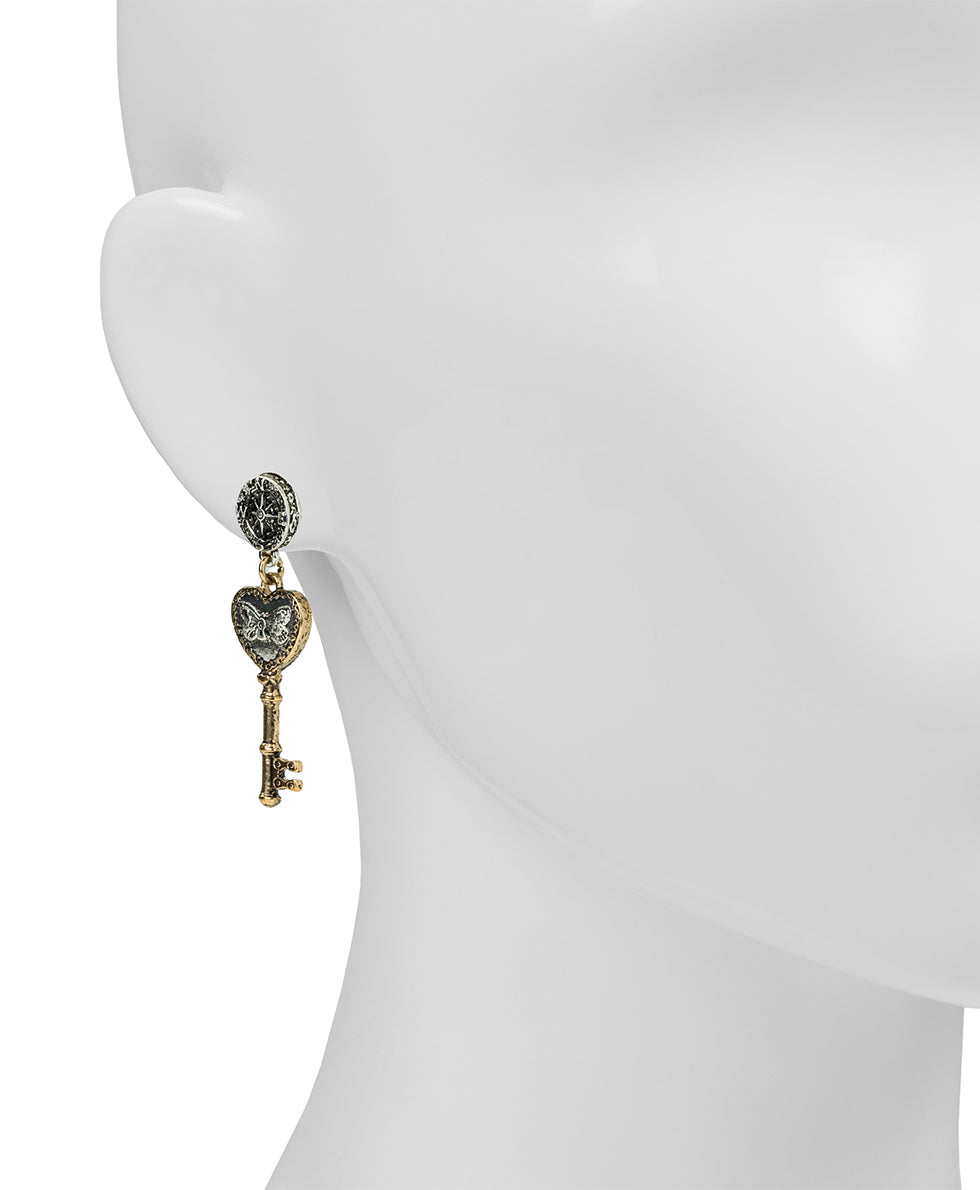 Female - Key Post Drop Earrings | Compass and Key Collection | Antique Gold / Antique Silver - antique gold / antique silver - by Patricia Nash - View 2 of 2