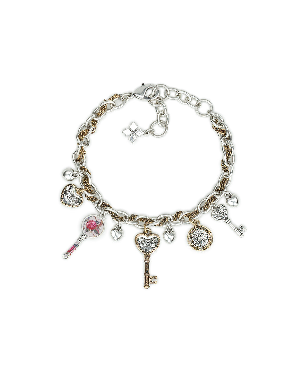 Female - Charm Bracelet | Compass and Key Collection | Antique Gold / Antique Silver - antique gold / antique silver - by Patricia Nash - View 1 of 3