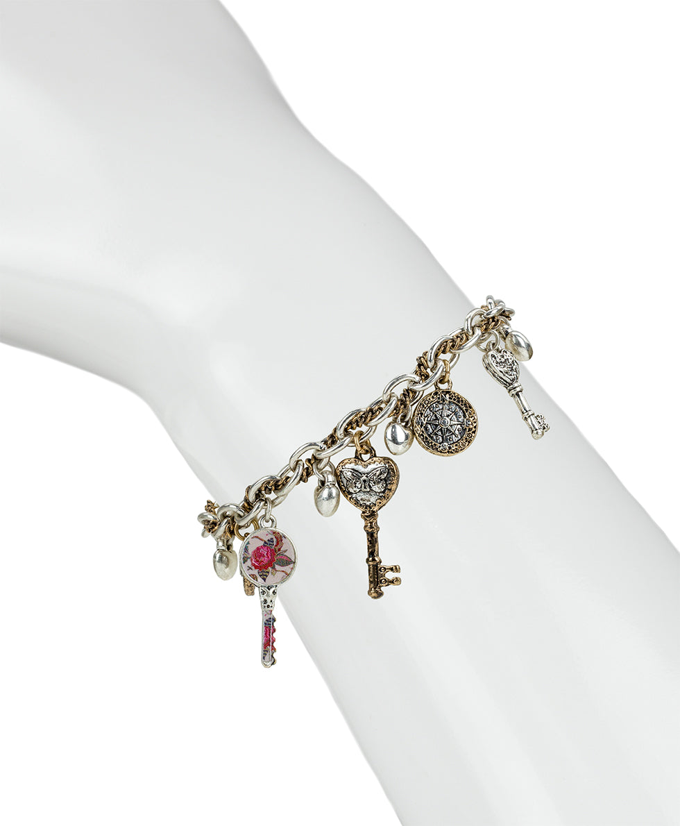 Female - Charm Bracelet | Compass and Key Collection | Antique Gold / Antique Silver - antique gold / antique silver - by Patricia Nash - View 3 of 3