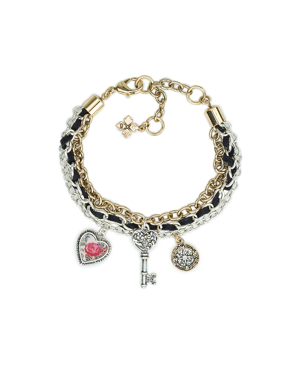 Female - Triple Strand Bracelet | Compass and Key Collection | Antique Gold / Antique Silver - antique gold / antique silver - by Patricia Nash - View 1 of 3