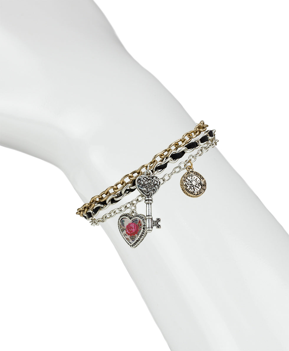 Female - Triple Strand Bracelet | Compass and Key Collection | Antique Gold / Antique Silver - antique gold / antique silver - by Patricia Nash - View 3 of 3
