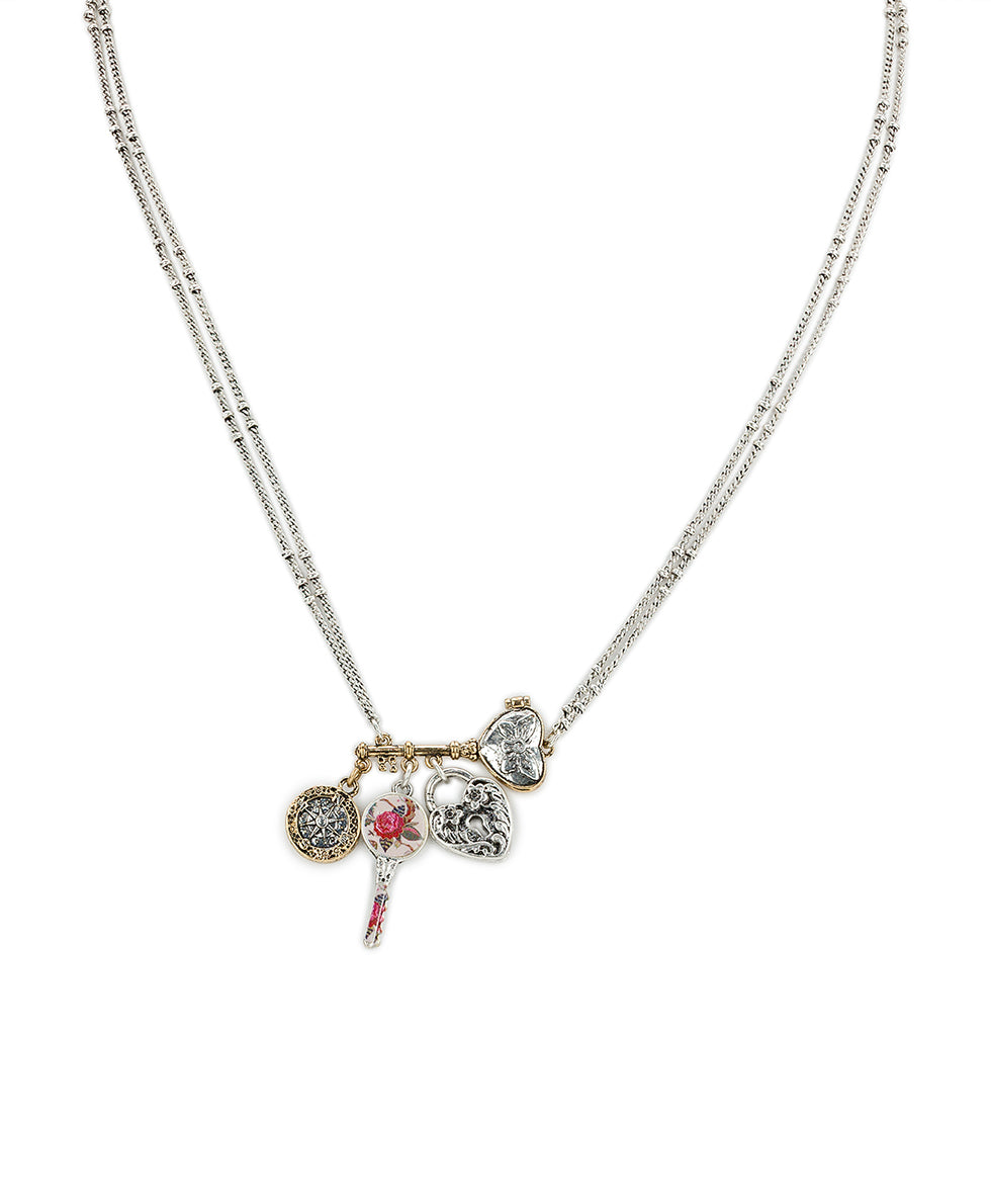 Female - Key with Charms Necklace | Compass and Key Collection | Antique Gold / Antique Silver - antique gold / antique silver - by Patricia Nash - View 1 of 4