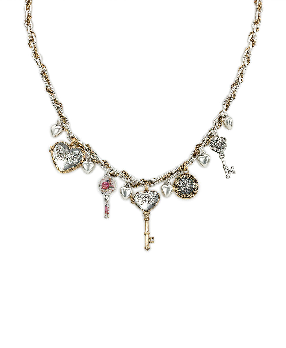 Female - Charm Necklace | Compass and Key Collection | Antique Gold / Antique Silver - antique gold / antique silver - by Patricia Nash - View 1 of 4