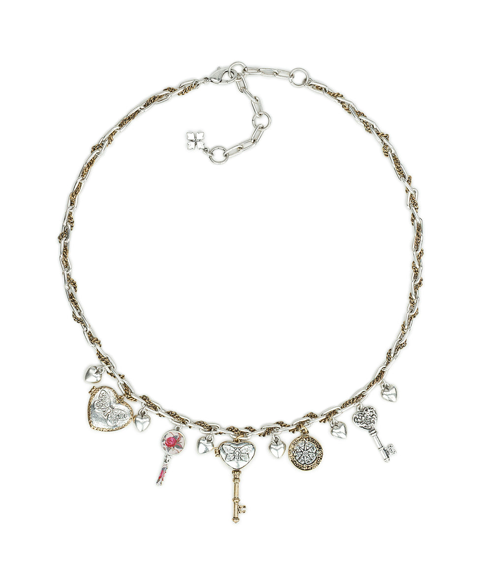 Female - Charm Necklace | Compass and Key Collection | Antique Gold / Antique Silver - antique gold / antique silver - by Patricia Nash - View 2 of 4