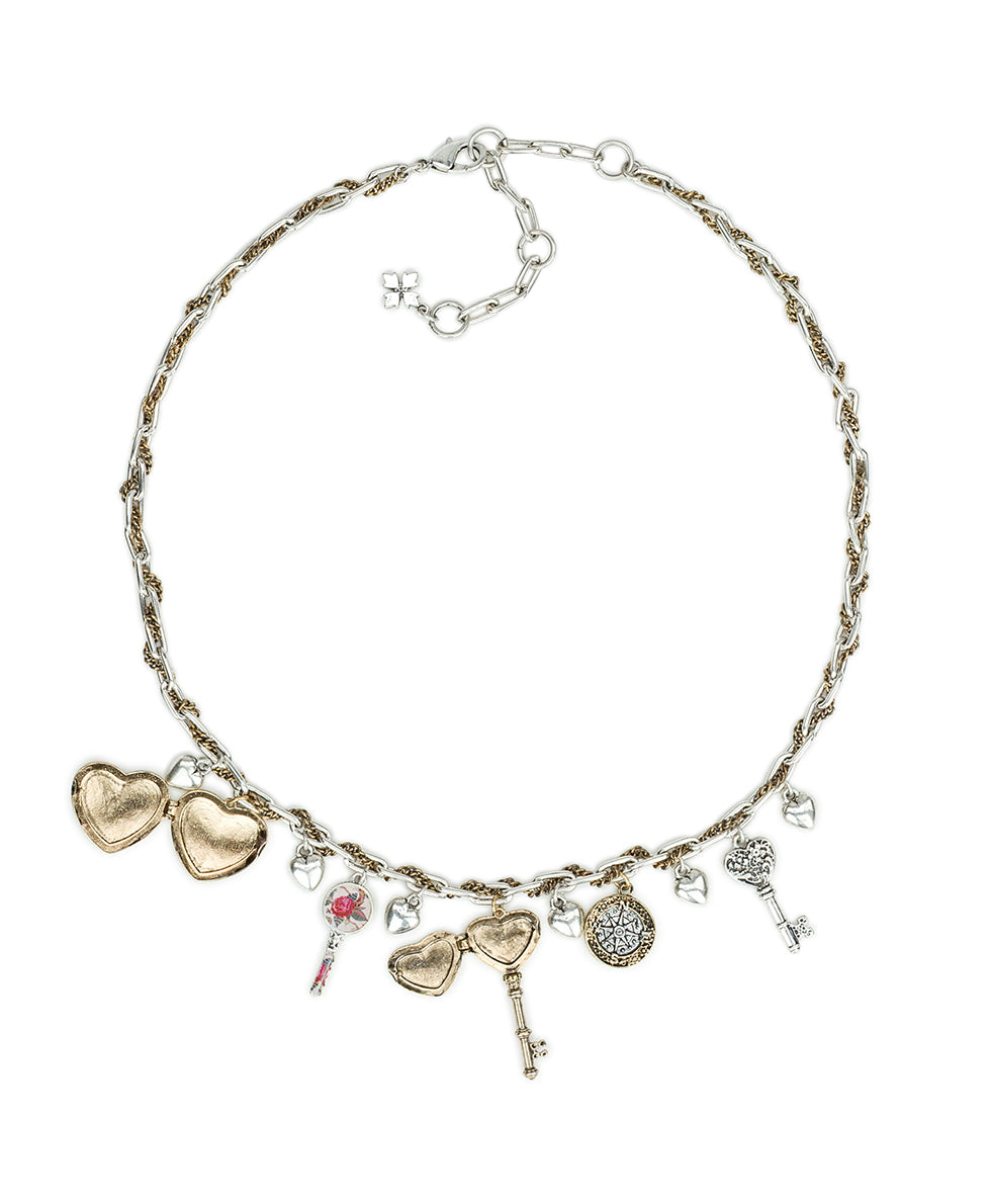 Female - Charm Necklace | Compass and Key Collection | Antique Gold / Antique Silver - antique gold / antique silver - by Patricia Nash - View 3 of 4
