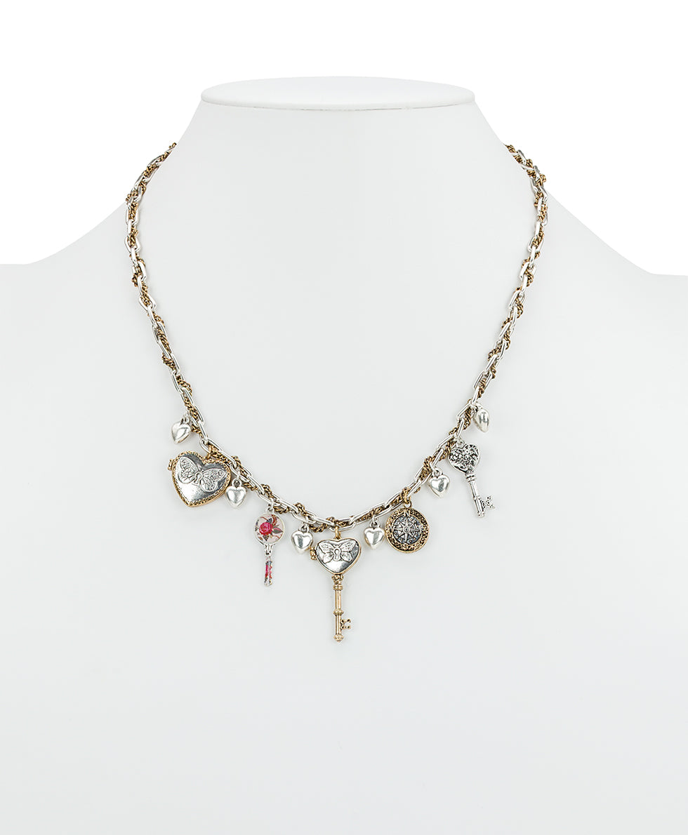 Female - Charm Necklace | Compass and Key Collection | Antique Gold / Antique Silver - antique gold / antique silver - by Patricia Nash - View 4 of 4