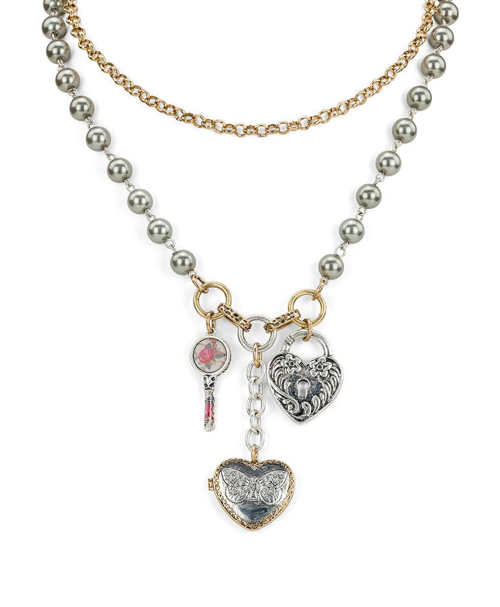 Female - Two Strand Charm Necklace | Compass and Key Collection | Antique Gold / Antique Silver - antique gold / antique silver - by Patricia Nash - View 1 of 4