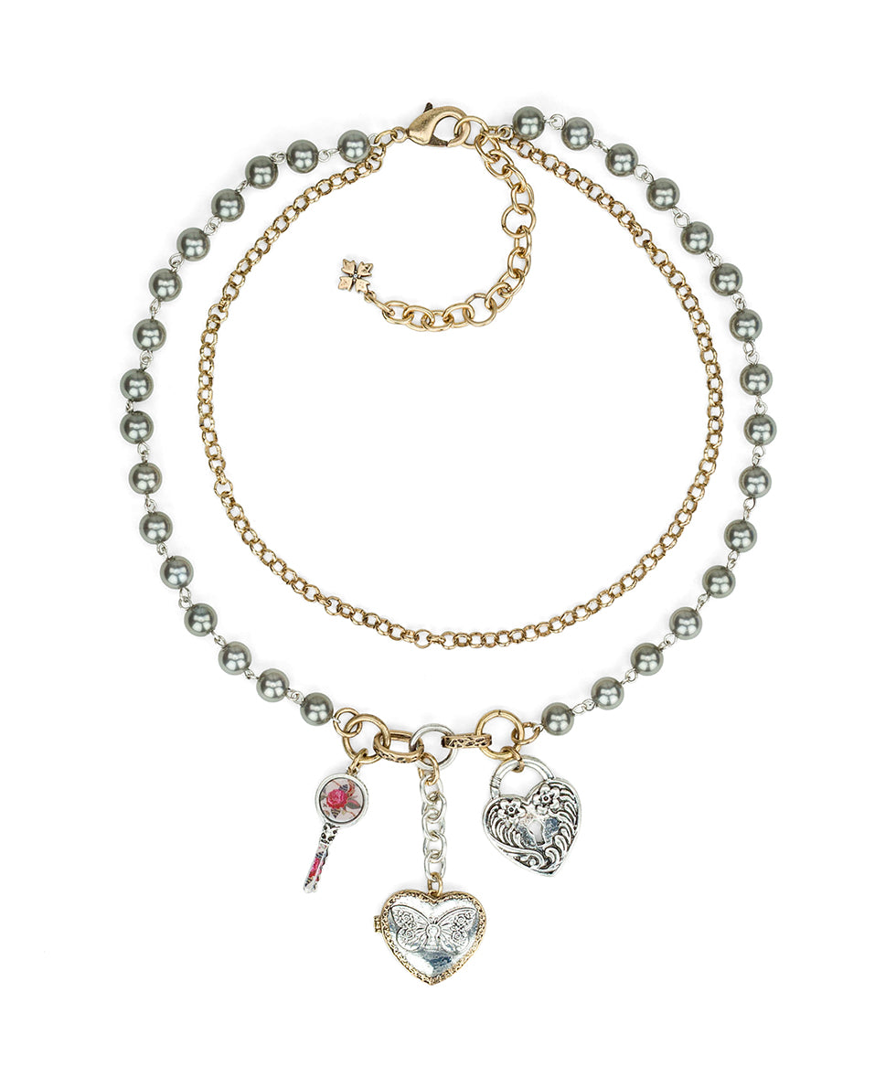 Female - Two Strand Charm Necklace | Compass and Key Collection | Antique Gold / Antique Silver - antique gold / antique silver - by Patricia Nash - View 2 of 4