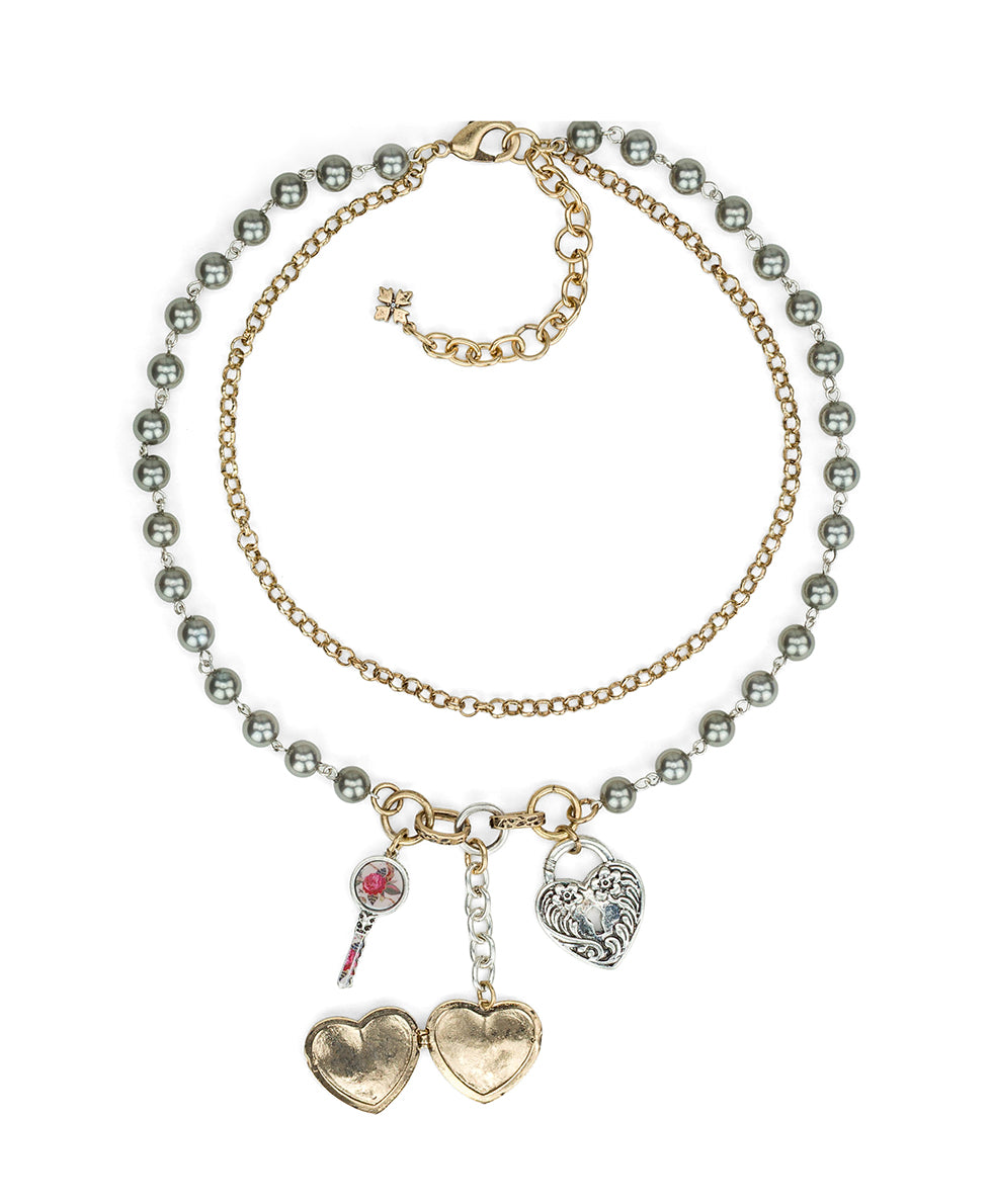 Female - Two Strand Charm Necklace | Compass and Key Collection | Antique Gold / Antique Silver - antique gold / antique silver - by Patricia Nash - View 3 of 4