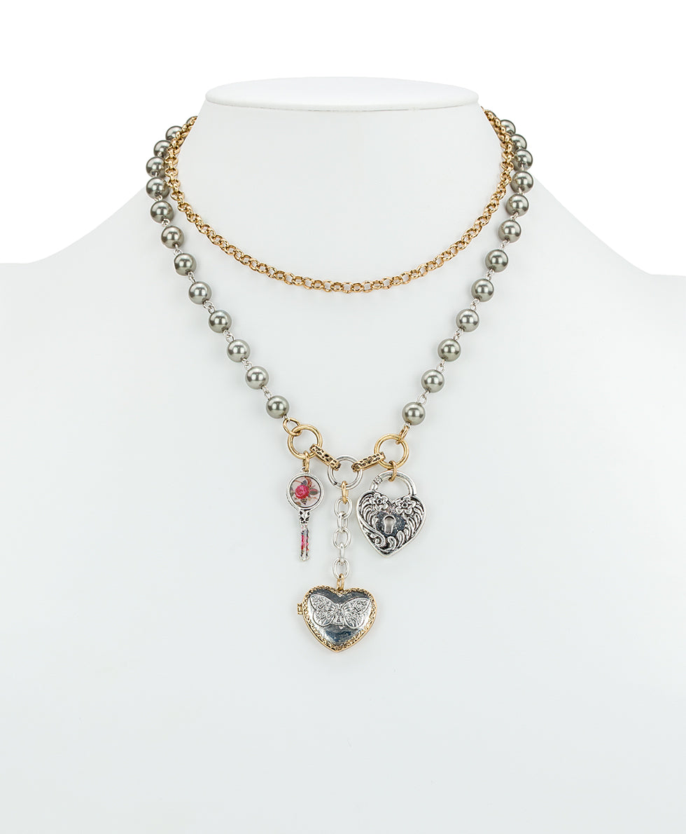 Female - Two Strand Charm Necklace | Compass and Key Collection | Antique Gold / Antique Silver - antique gold / antique silver - by Patricia Nash - View 4 of 4