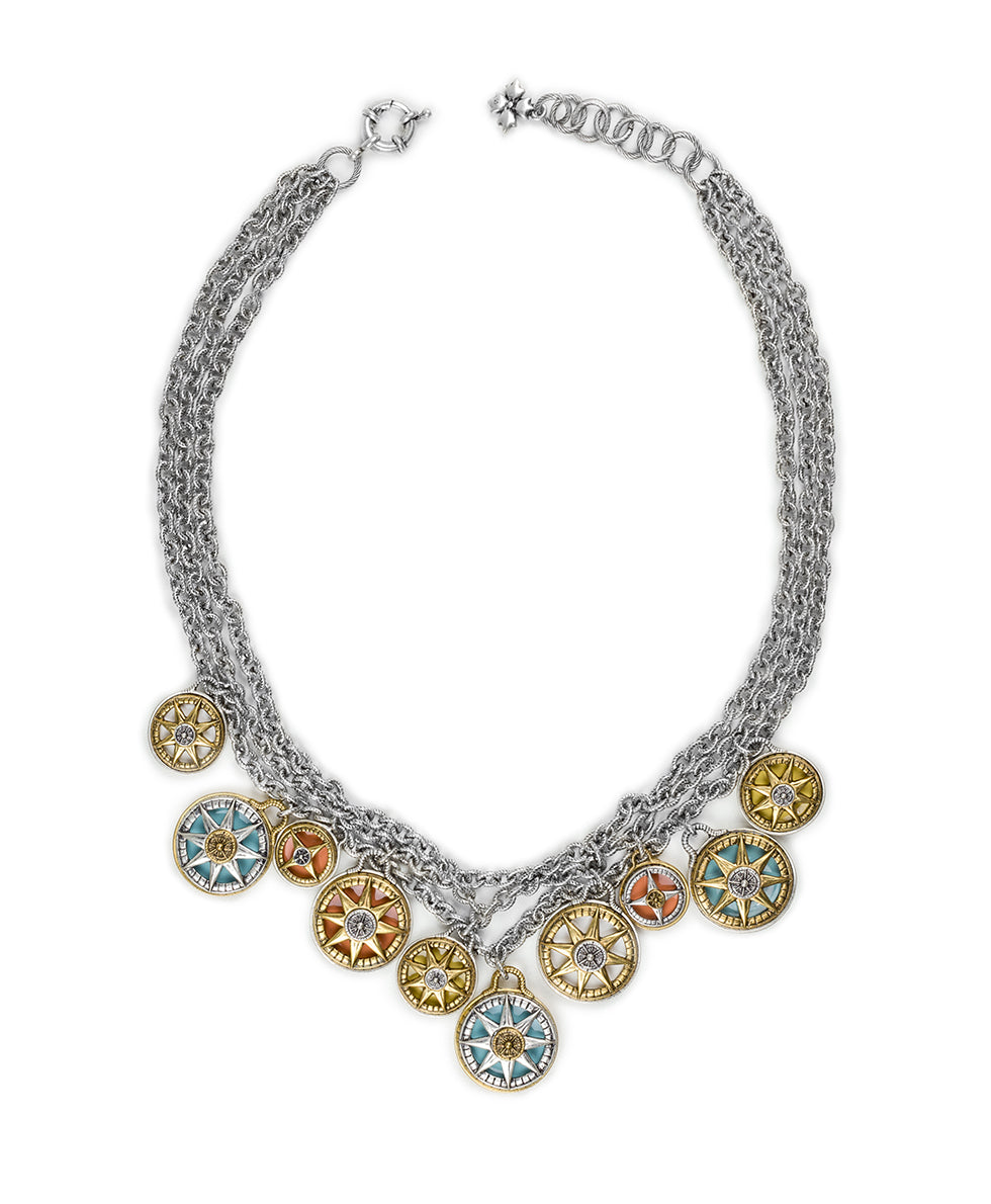 Triple Chain Charm Necklace - Colored Compass - antique gold - by Patricia Nash - View 3 of 6