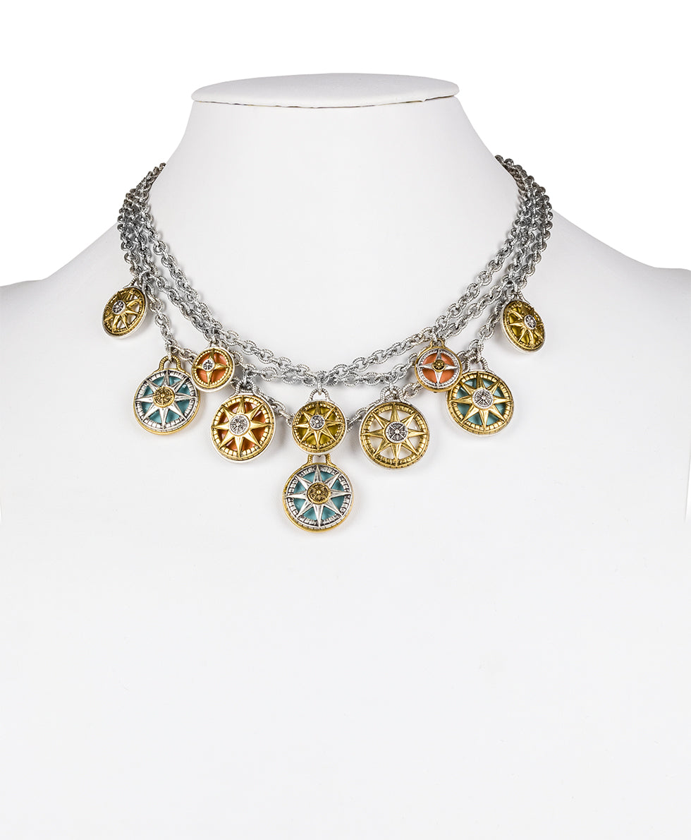 Triple Chain Charm Necklace - Colored Compass - antique gold - by Patricia Nash - View 4 of 6