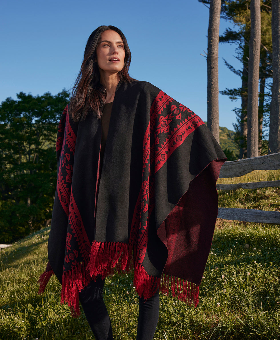 Female - Prairie Shawl - Fringed - black / maroon - by Patricia Nash - View 7 of 7
