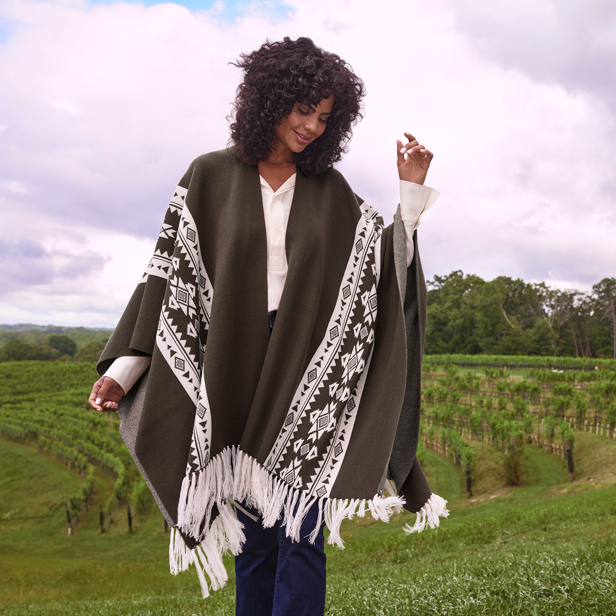 Female - Prairie Shawl - Fringed - black / maroon - by Patricia Nash - View 16 of 16