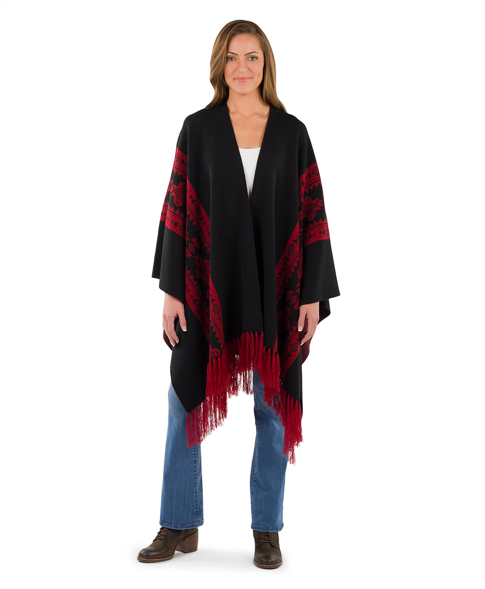 Female - Prairie Shawl - Fringed - black / maroon - by Patricia Nash - View 1 of 7