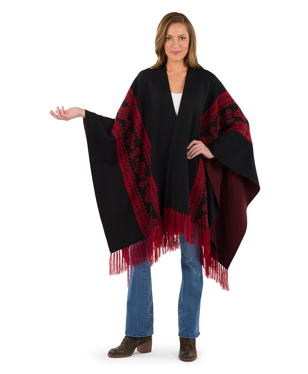 Female - Prairie Shawl - Fringed - black / maroon - by Patricia Nash - View 3 of 7