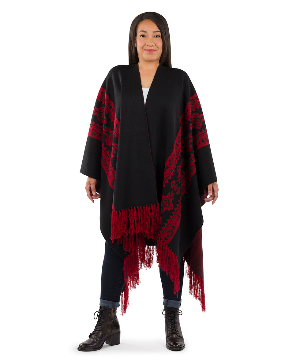 Female - Prairie Shawl - Fringed - black / maroon - by Patricia Nash - View 4 of 7