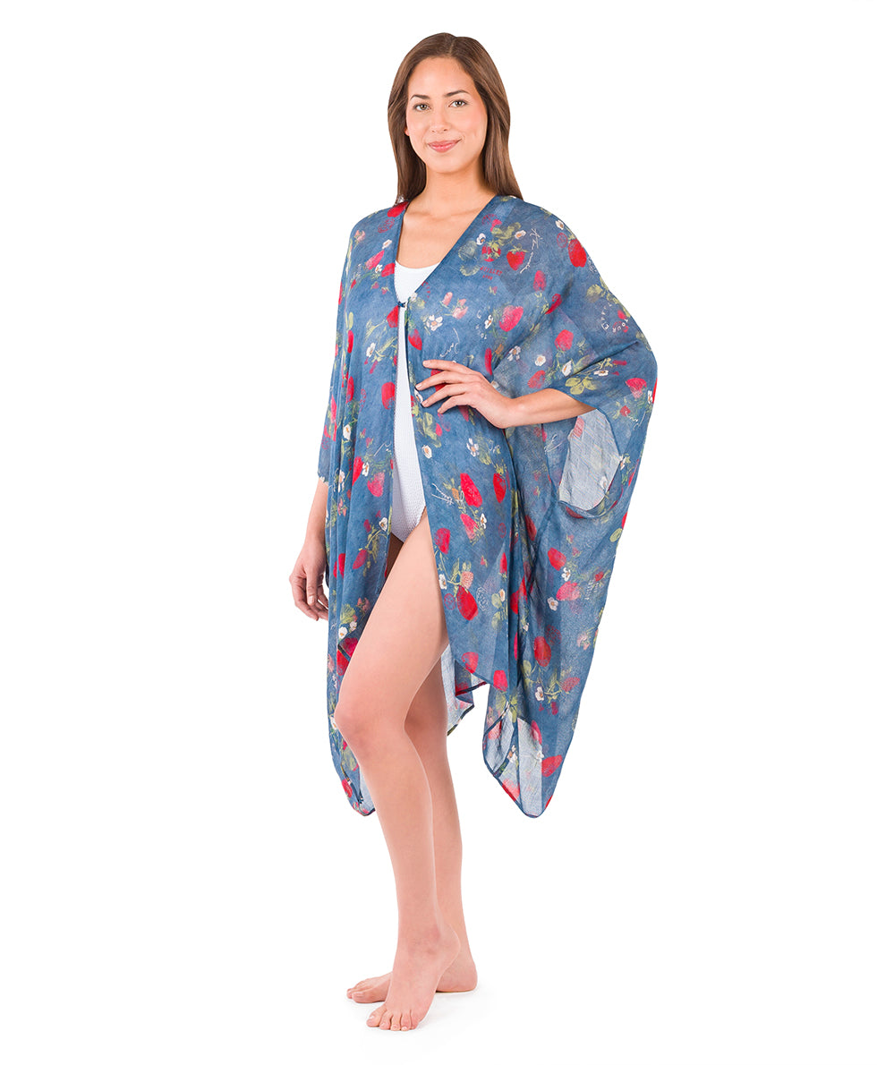 Female - Short Ruana Cover-Up - Parisian Strawberries - denim blue strawberry - by Patricia Nash - View 1 of 6