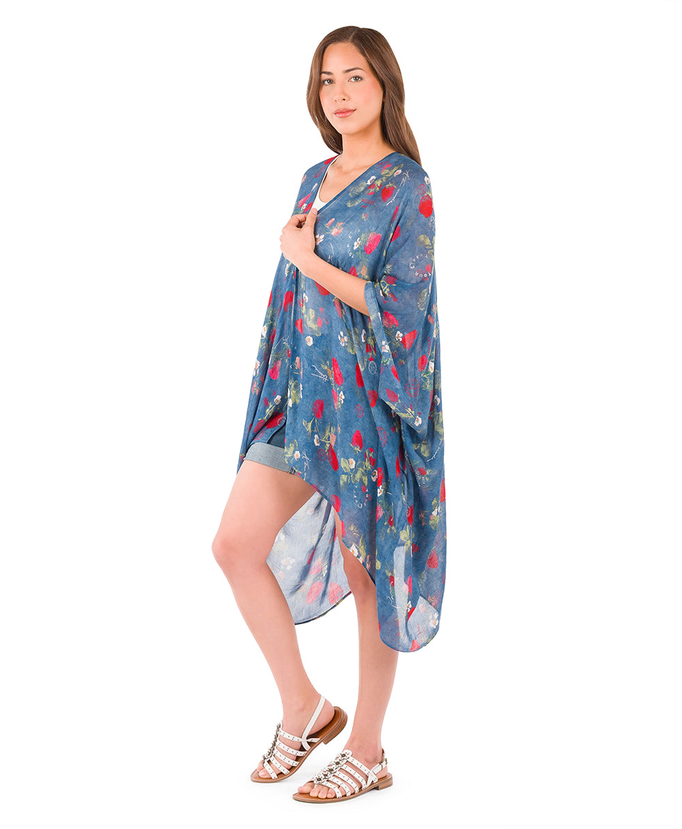 Female - Short Ruana Cover-Up - Parisian Strawberries - denim blue strawberry - by Patricia Nash - View 3 of 6