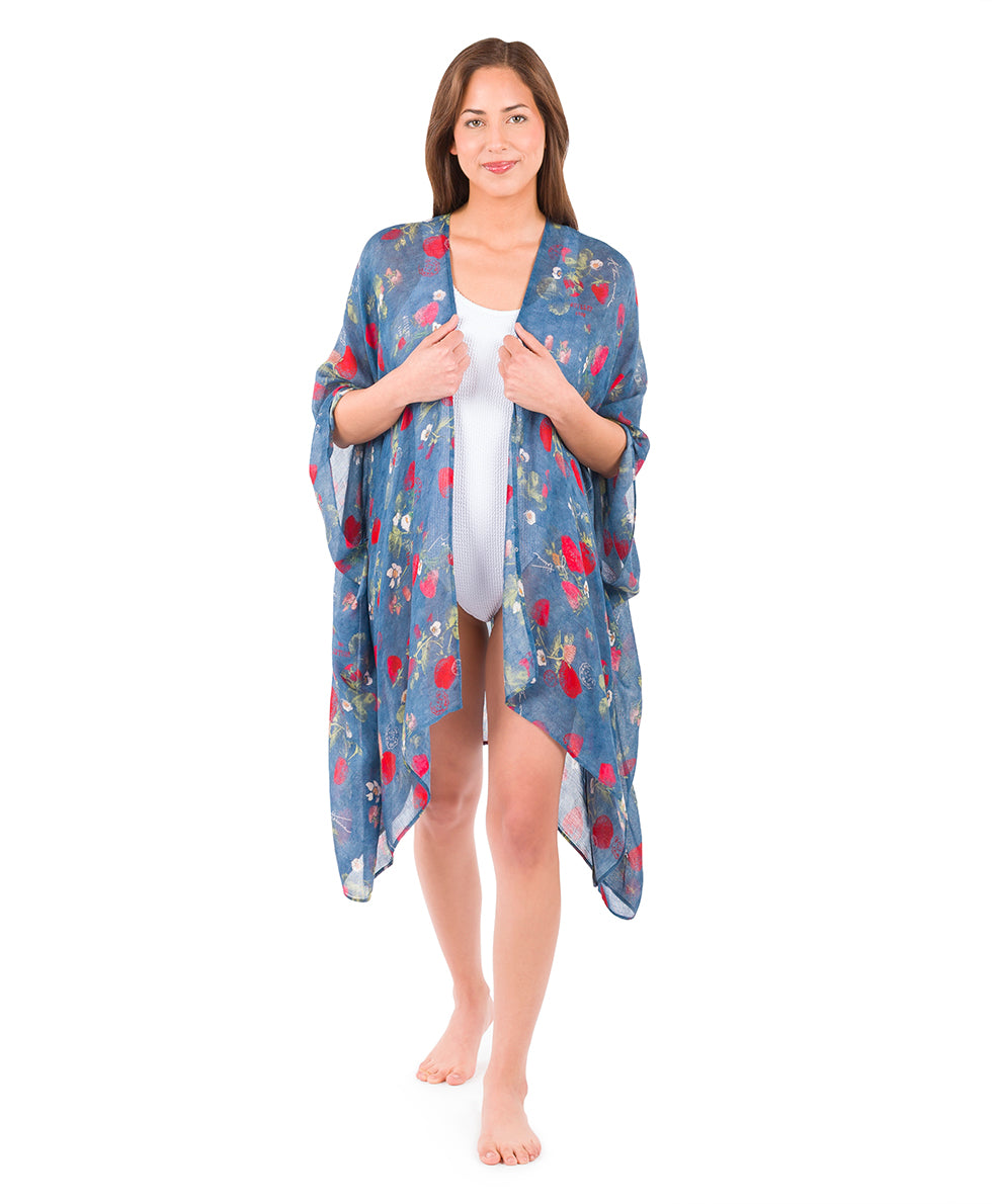 Female - Short Ruana Cover-Up - Parisian Strawberries - denim blue strawberry - by Patricia Nash - View 6 of 6
