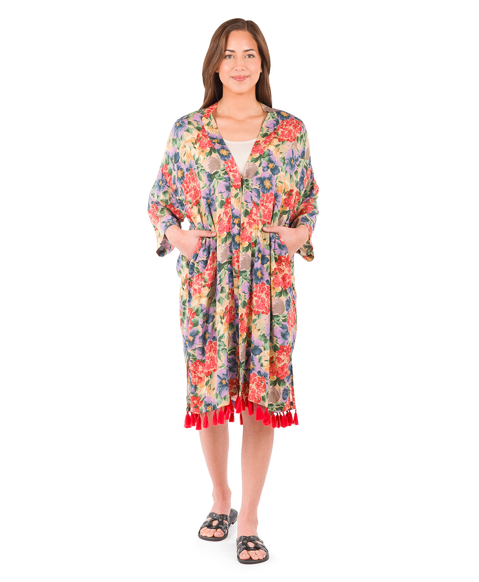 Female - Ruana with Tassels Cover-Up - French Hydrangeas - french hydrangeas - by Patricia Nash - View 2 of 6