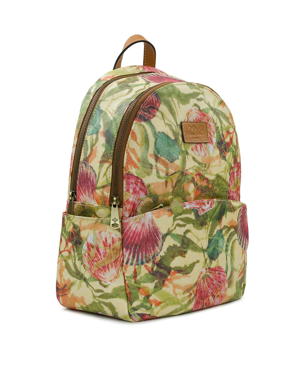 Turi Backpack Patina Coated Linen Canvas Seashells by the Seashore