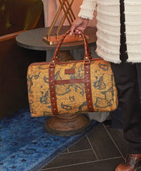 Milano Weekender Duffel Bag - Patina Coated Linen Canvas European Map Print