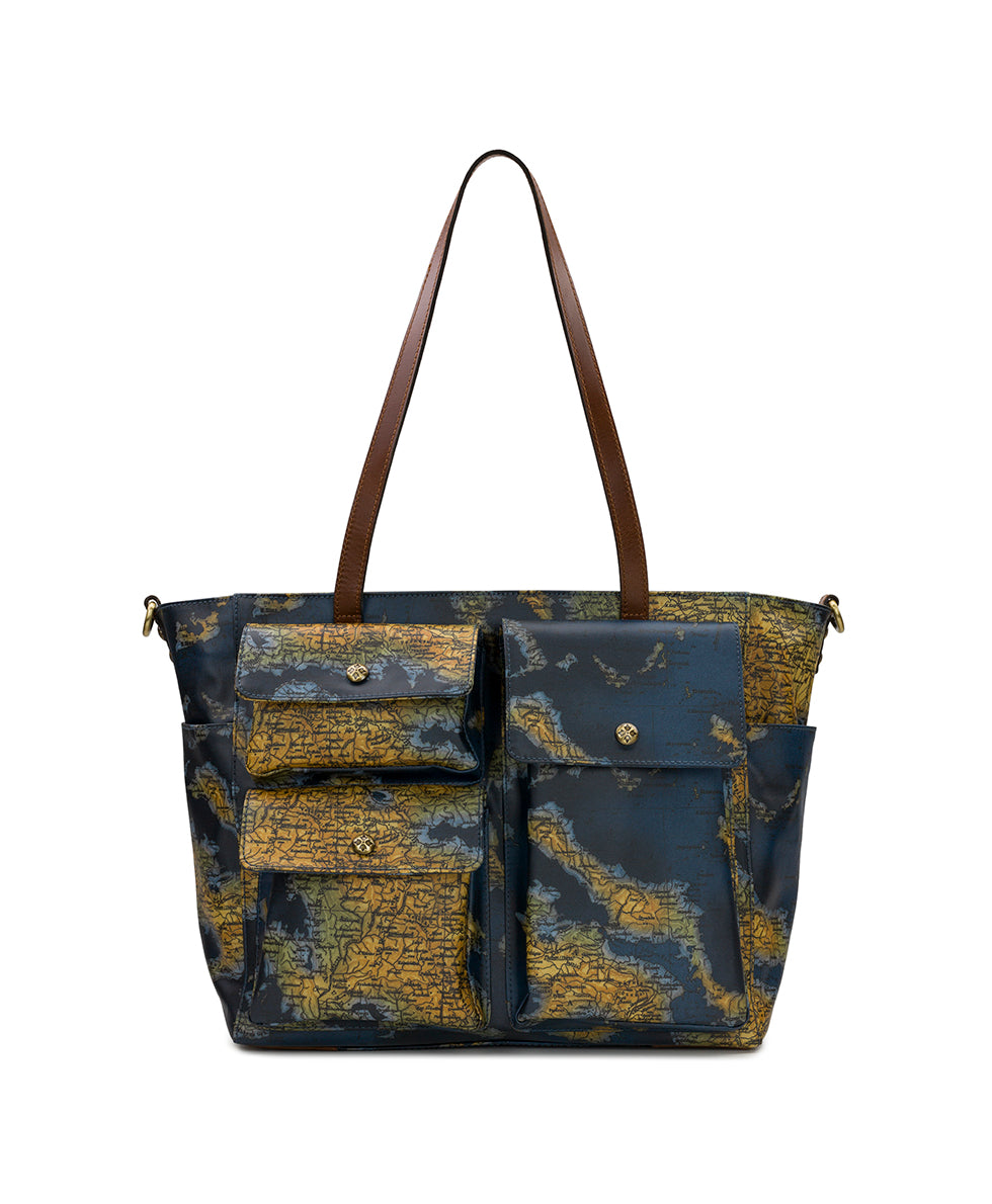 Female - Sorlana Travel Tote - Patina Coated Linen Canvas — Greek Map - greek map - by Patricia Nash - View 1 of 5