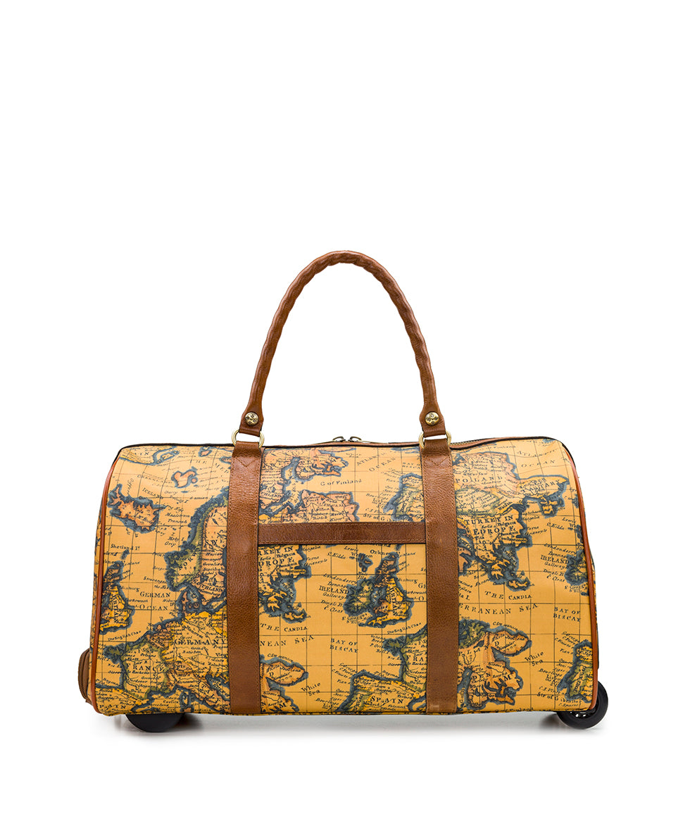 Avola Wheeled Duffel Bag - Patina Coated Linen Canvas European Map Print