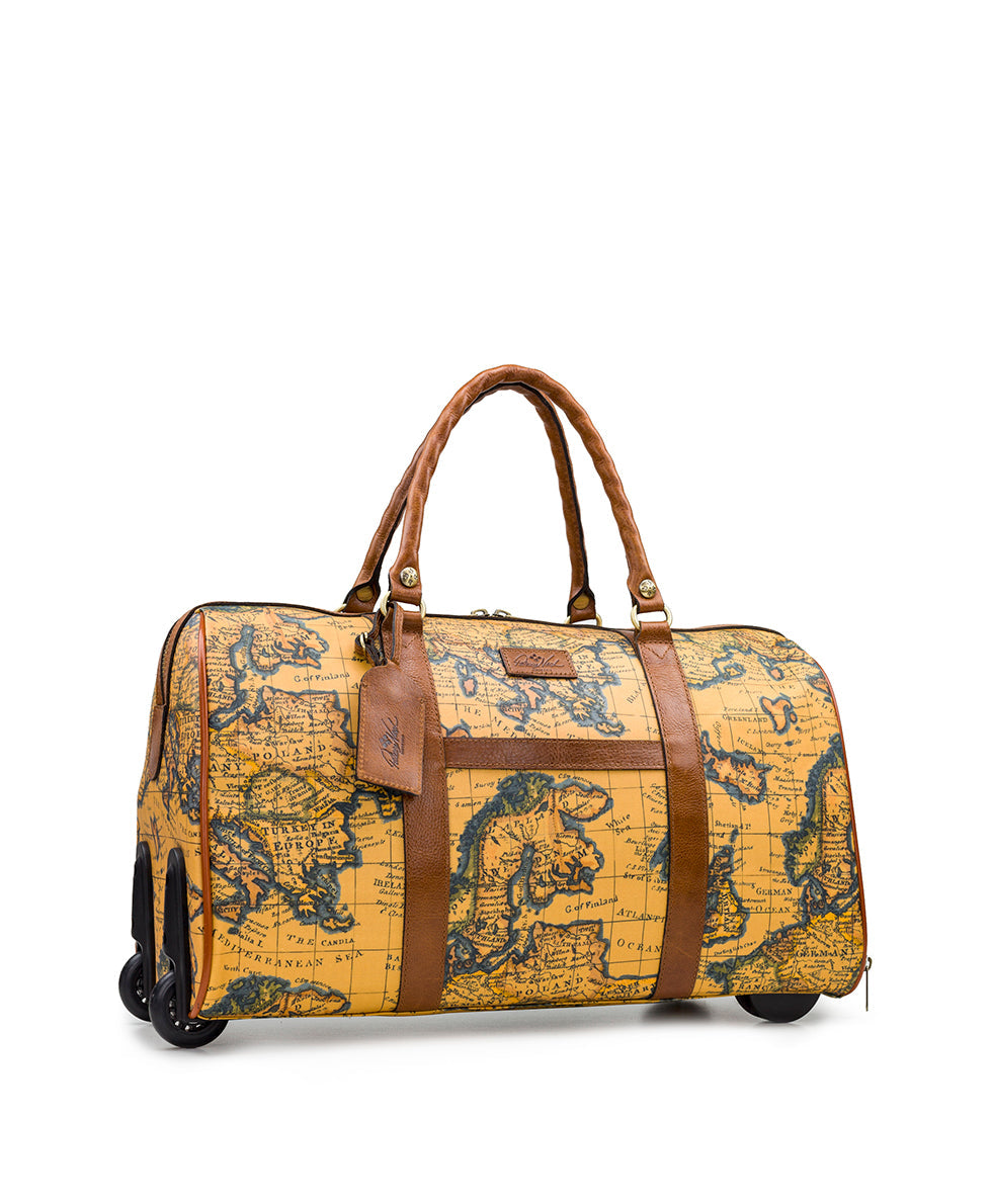 Avola Wheeled Duffel Bag - Patina Coated Linen Canvas European Map Print