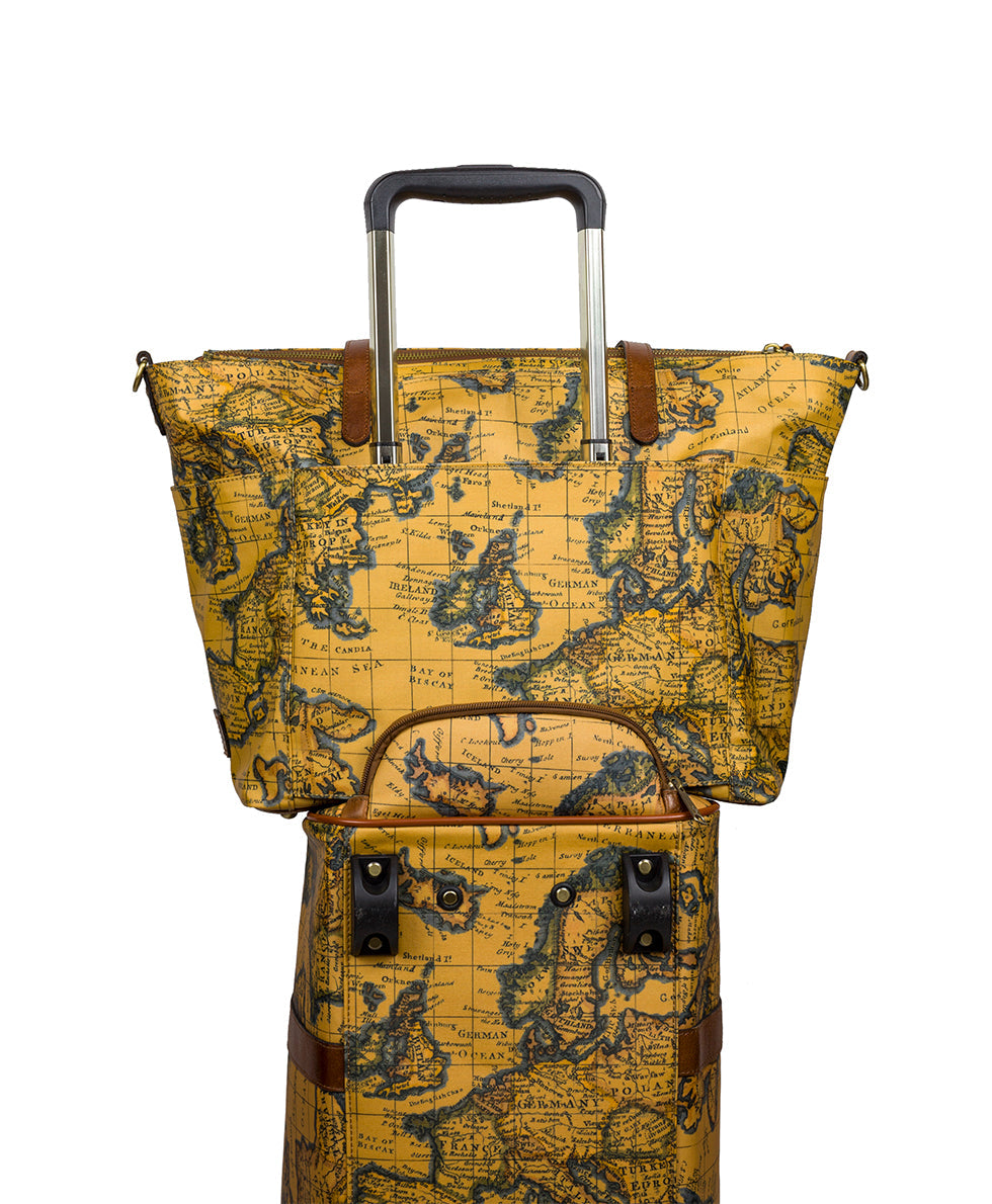 Avola Wheeled Duffel Bag - Patina Coated Linen Canvas European Map Print