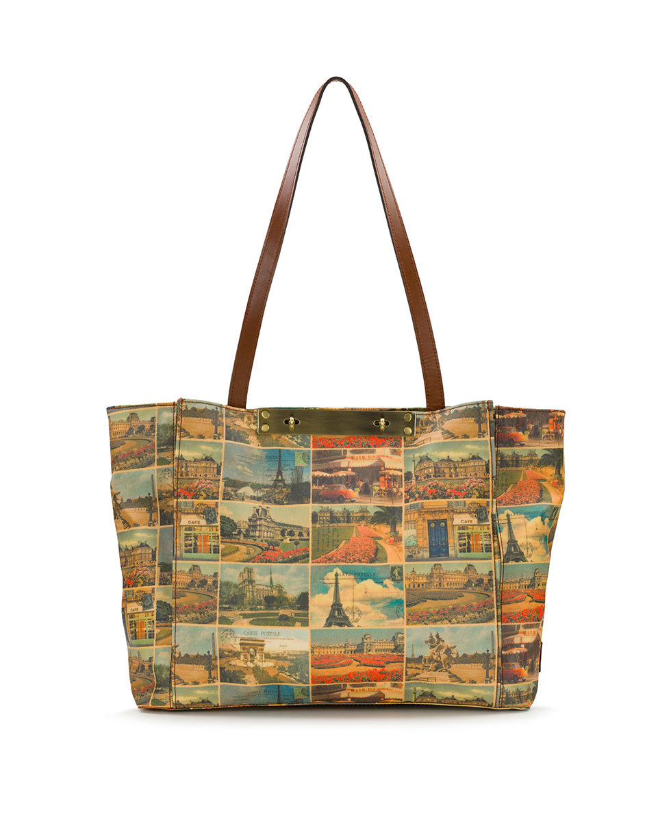 Female - Silvi Tote - Patina Coated Linen Canvas - Postcards From Paris - postcards from paris - by Patricia Nash - View 1 of 5