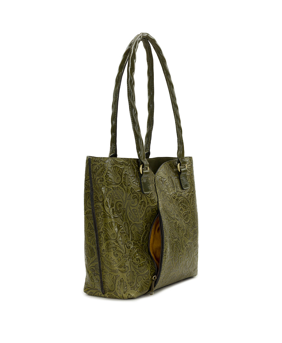 Female - Marion Tote | Brazilian Supple Tooled | Olive - olive - by Patricia Nash - View 4 of 5