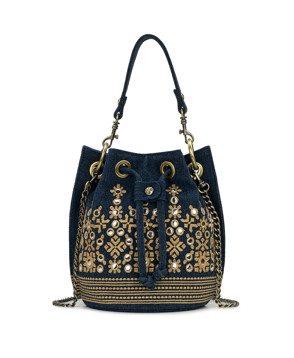 Female - Volania Drawstring - Greek Mirror Embroidery - denim - by Patricia Nash - View 1 of 5