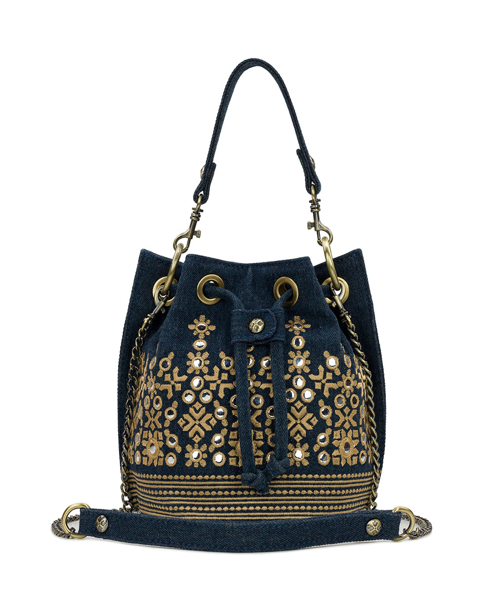 Female - Volania Drawstring - Greek Mirror Embroidery - denim - by Patricia Nash - View 2 of 5