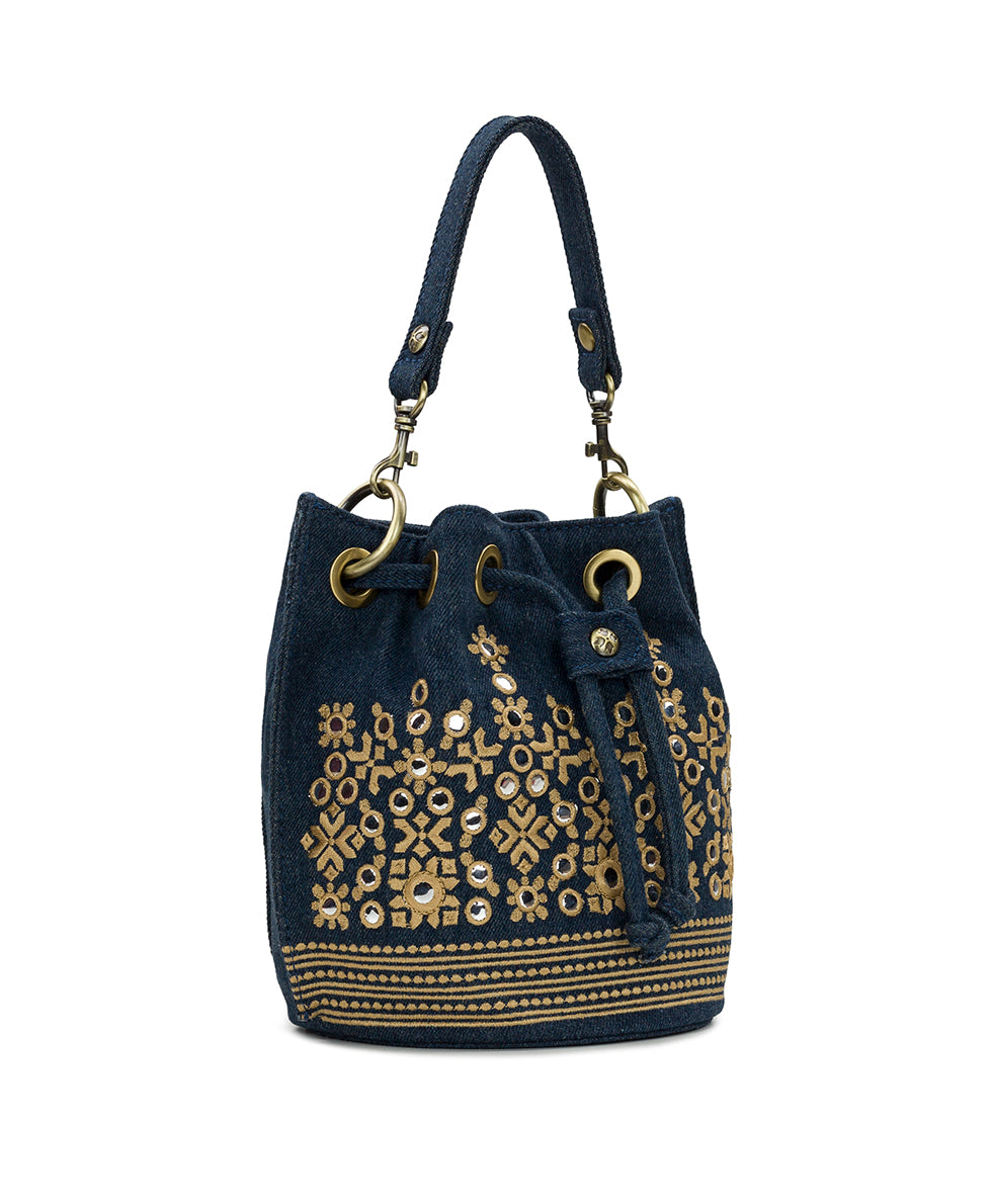 Female - Volania Drawstring - Greek Mirror Embroidery - denim - by Patricia Nash - View 4 of 5