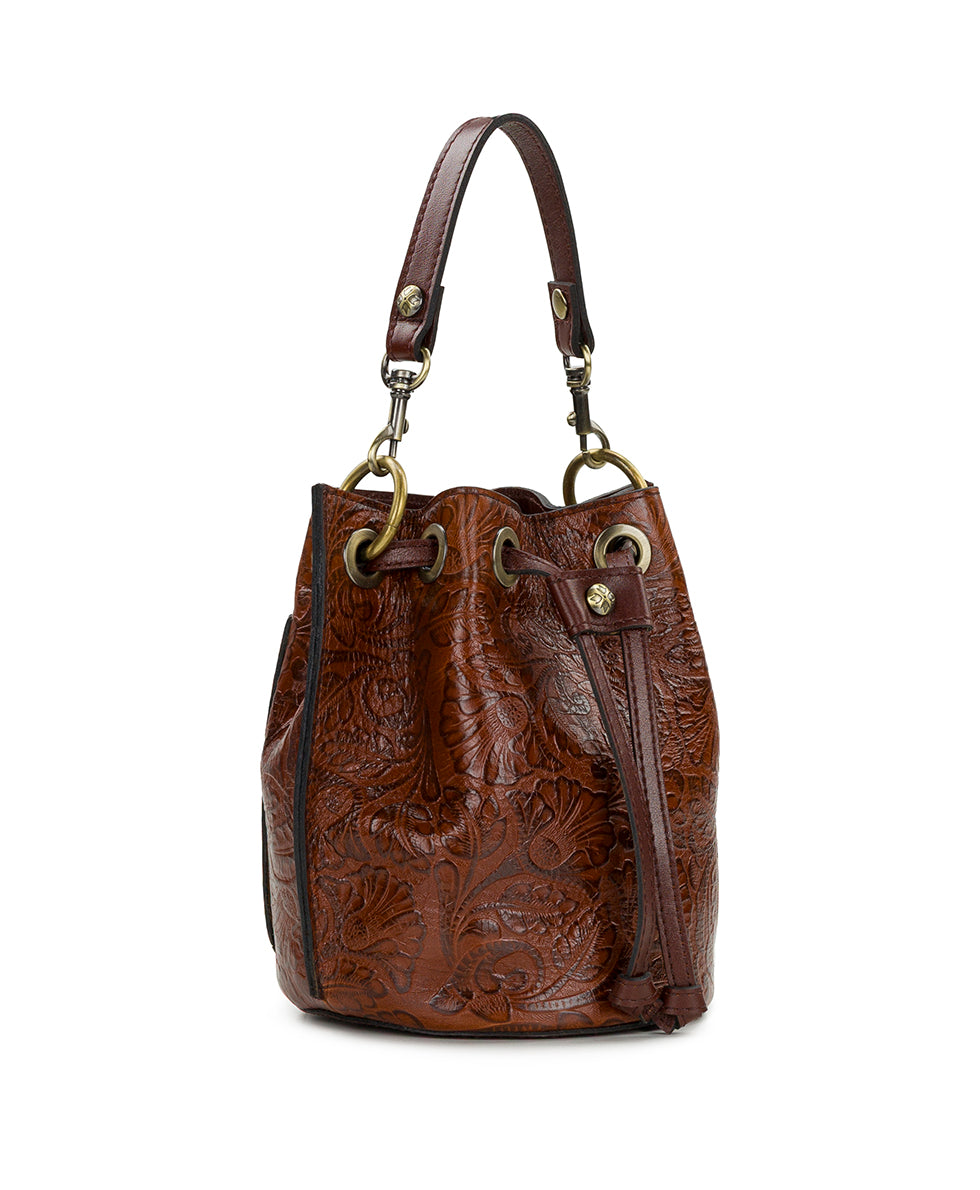 Female - Volania Drawstring | Brazilian Supple Tooled | Cognac - cognac - by Patricia Nash - View 4 of 5