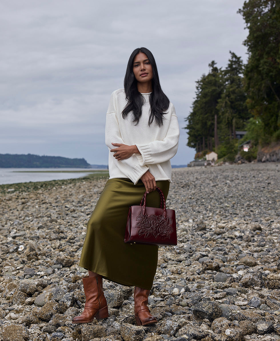 Female - Genovese Satchel | Vattaro Rose Tooled | Oxblood - oxblood - by Patricia Nash - View 2 of 6