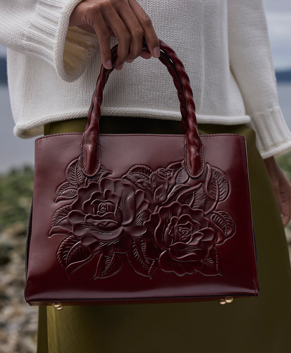 Female - Genovese Satchel | Vattaro Rose Tooled | Oxblood - oxblood - by Patricia Nash - View 6 of 6